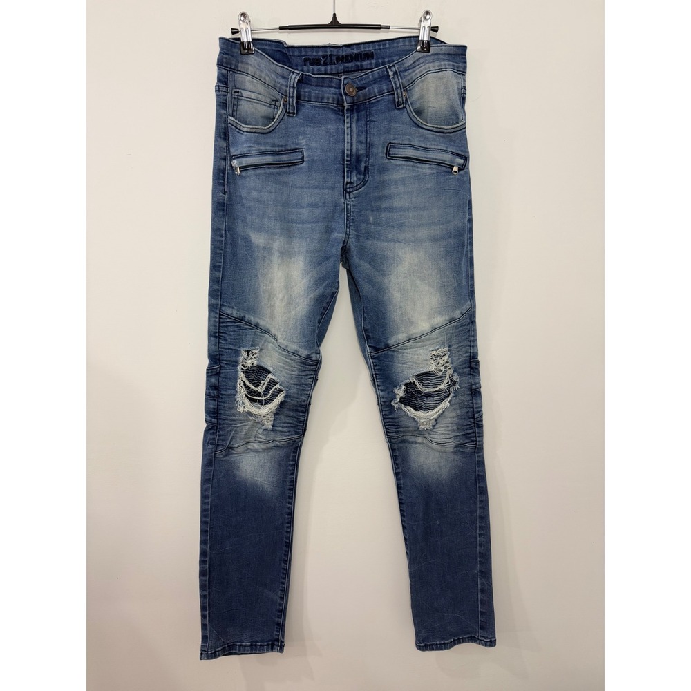 Rue21 Premium Supreme Flex Mens 34x34 Skinny Moto Distressed Blue Jeans